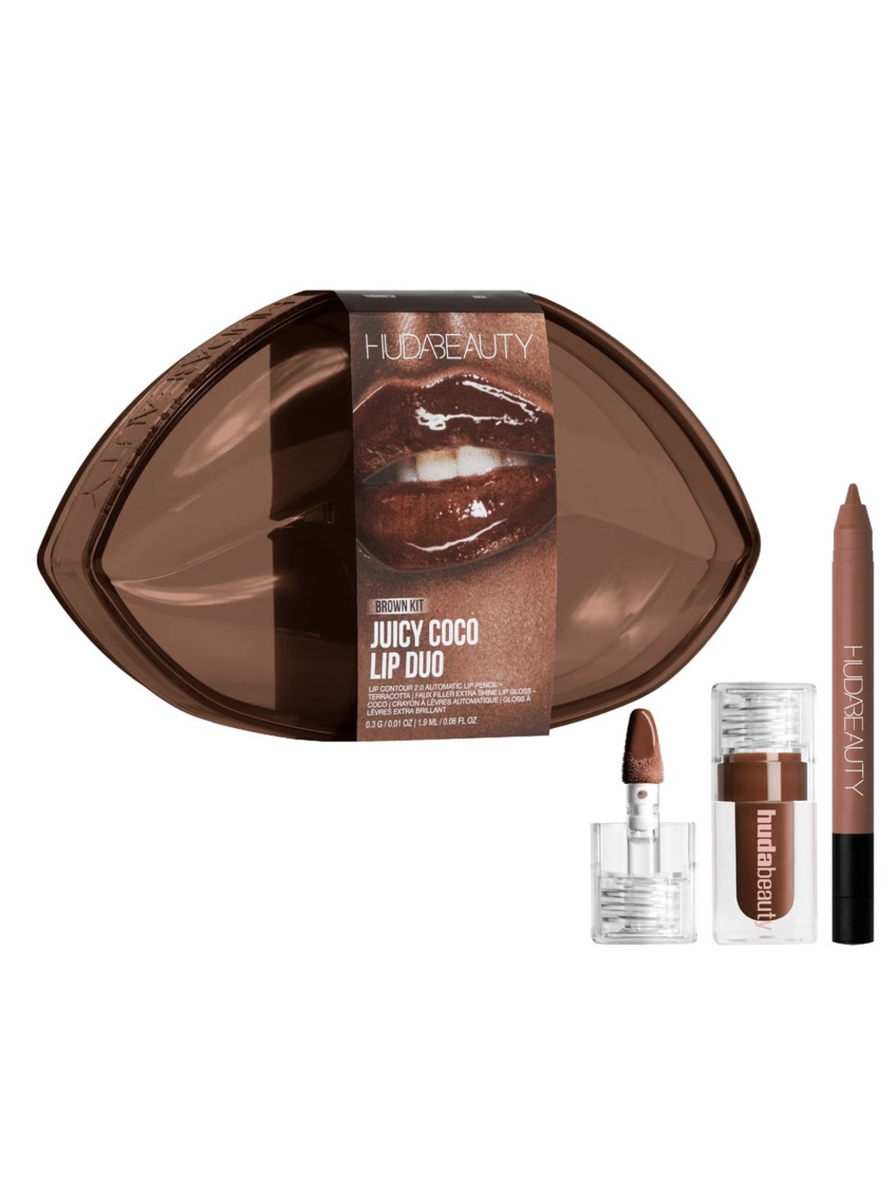 HUDA BEAUTY Juicy Coco Lip Duo Gloss+Contour Pencil Set in Collectible Case NIB!